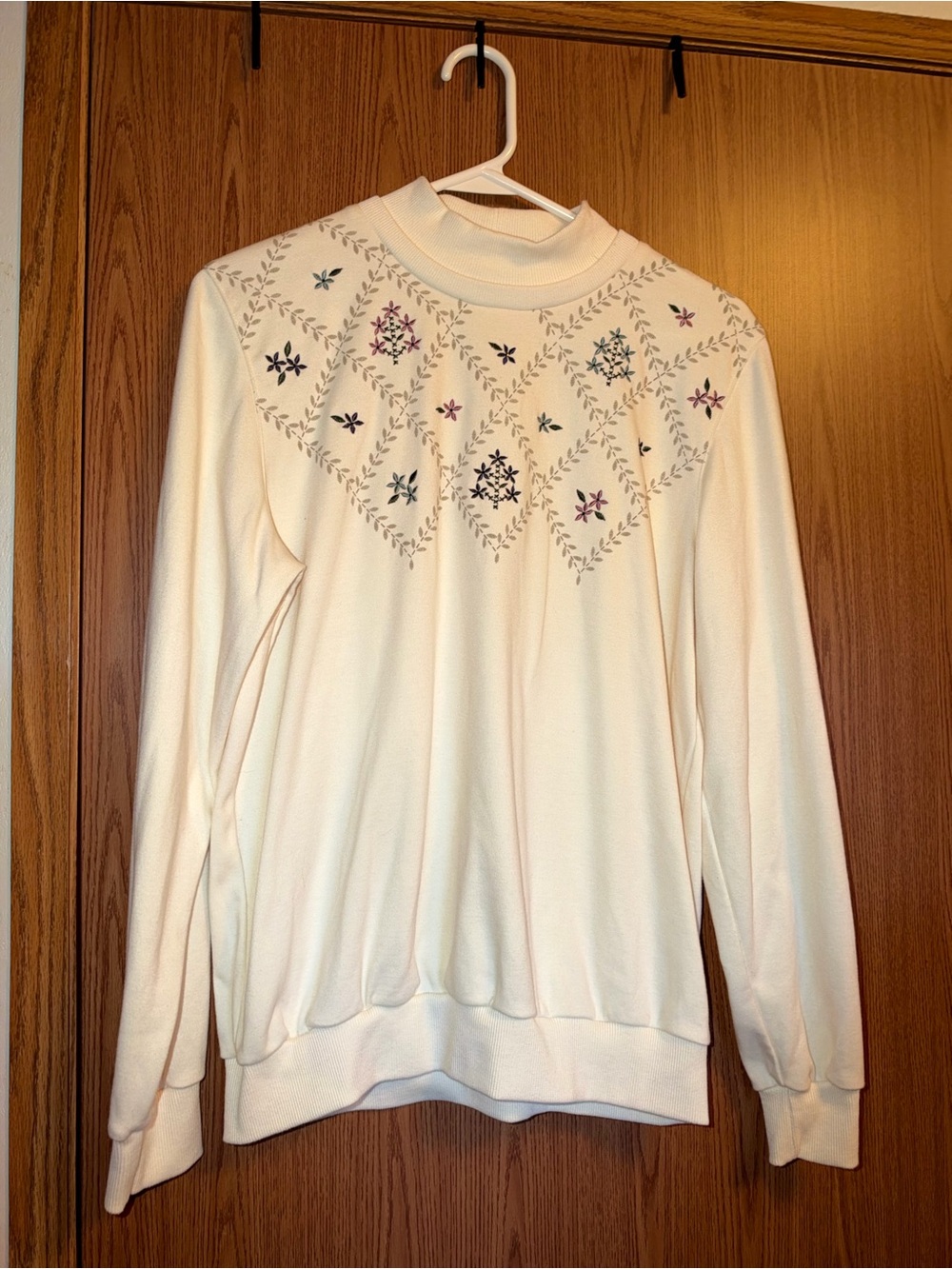 Alfred Dunner Cream Mock Neck Sweater with Embroidered Floral Yoke